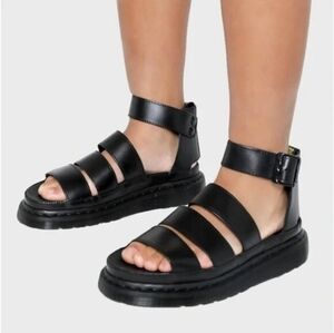 DR. MARTENS Clarissa II Black Leather Sandals Gladiator Buckle Womens Size 8